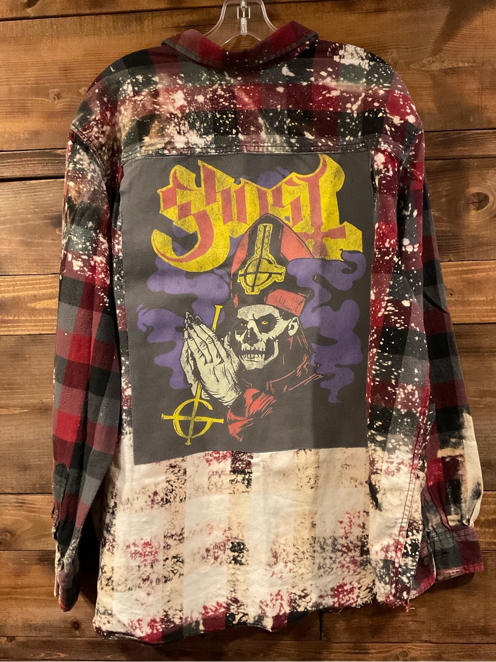 Custom GHOST Distressed Grunge Plaid Flannel Shirt Concert Ready  MENS size XXL